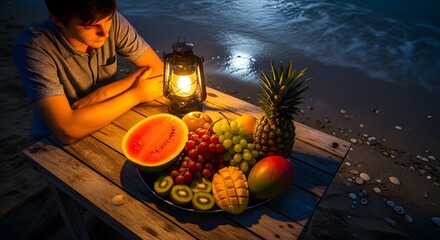 Man at table with fruit plate and lamp on beach in nighttime scene