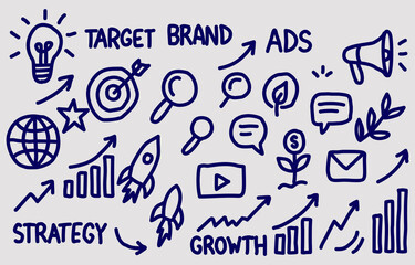 Hand-drawn marketing and branding doodle icons, including elements like target, growth chart, ads, strategy, email, megaphone, video, and search. Perfect for business presentations.