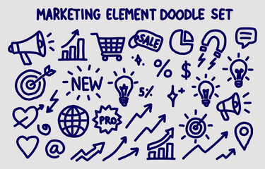 Hand-drawn marketing doodle icon set including sales symbols, business charts, shopping cart, light bulbs, megaphone, discount signs, and more. Ideal for business presentations, e-commerce design.