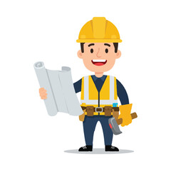 Smiling cartoon construction worker with a hard hat and safety vest reading a building blueprint. Vector illustration of a builder character.