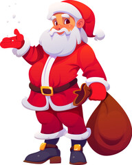 Cartoon Christmas Santa character with holiday gift bag. Vector joyful Santa Claus in a traditional red attire, holding brown sack, exudes festive cheer, ready for presents delivery and celebration