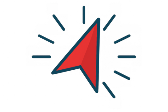 Glowing red cursor casting luminous rays, positioned against transparent backdrop, representing sleek digital interaction design