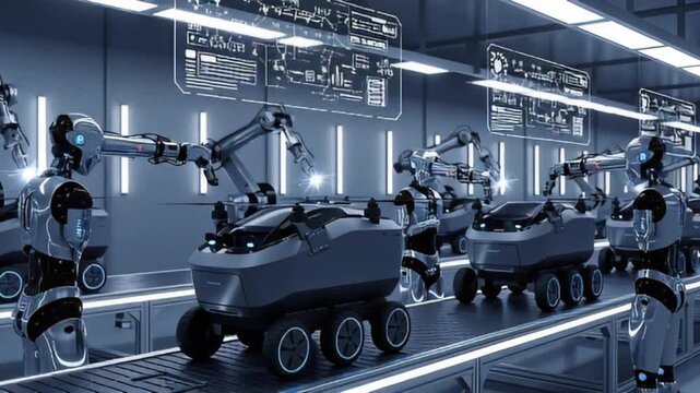 Futuristic automotive factory where robotic arms assemble a modern car on an automated production line.