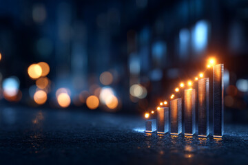 Futuristic business growth forecast with glowing bars representing progress and success
