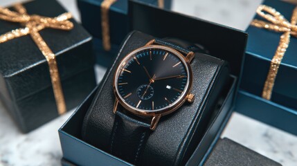Fototapeta premium Luxurious wristwatch nestled in a dark blue gift box.