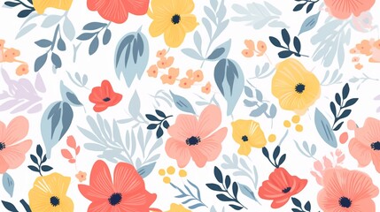 Obraz premium Floral Pattern with Peach, Yellow Flowers and Blue Foliage