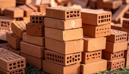 Stacked terracotta bricks with rectangular perforations, construction material close-up