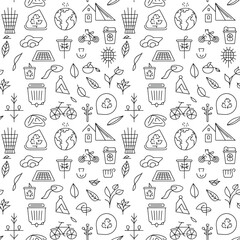 Seamless eco pattern with recycling icons, green energy symbols, bicycles, nature elements, sustainable living, environmental protection, clean earth, and lifestyle doodles.