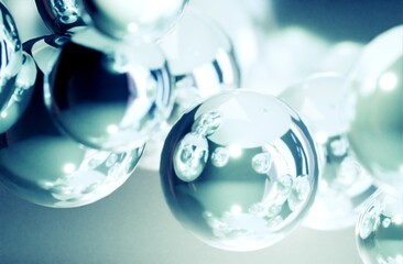 Abstract science background of transparent spheres, 3D rendering of molecules like hyaluronic acid or collagen for cosmetic and skincare concepts.