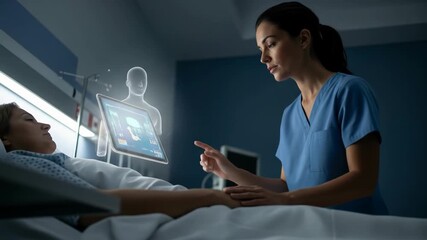 Medical professional attends to a patient in a hospital room focused on care and support with digital information display emphasizing modern healthcare practices and technology illuminated - Powered by Adobe