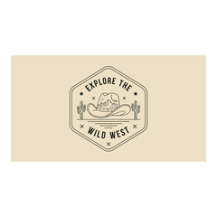 Art of explore the wild west vintage badge featuring a cowboy hat, mountains, and cactus, evoking a sense of adventure and frontier spirit