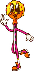 Cartoon groovy Halloween lollipop sweet candy character. Isolated vector funny holiday pastry personage, confectionery on stick with cute smiling face, topping and sprinkles. Kids trick or treat party