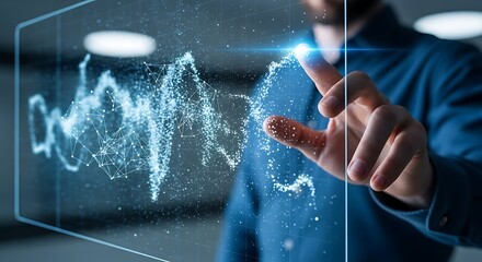 Man interacts with a digital holographic display showing dynamic data visualization.