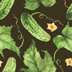 Cucumbers watercolor seamless pattern with yellow flowers, plant tendril, buds and leaves. Hand drawn watercolor illustration for farm vegetable packaging, fabric design. on Isolated dark background