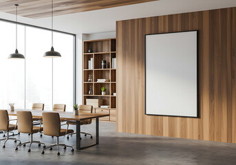 Bright corporate meeting room with a wooden bookshelf, sleek design, and an inviting atmosphere.

