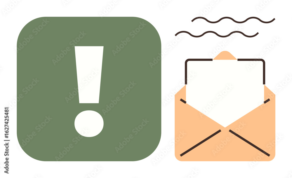 Poster exclamation mark inside green square next to open envelope with letter and waving lines. ideal for c