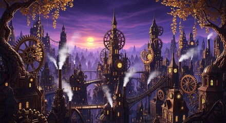Fantasy city landscape with towers, gears, and a purple twilight sky.