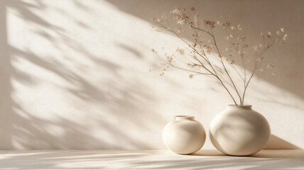 陶器とドライフラワーの静物構成：広告背景素材