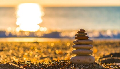 Obraz premium Serene Sunset Beach: Balanced Stones at Golden Hour