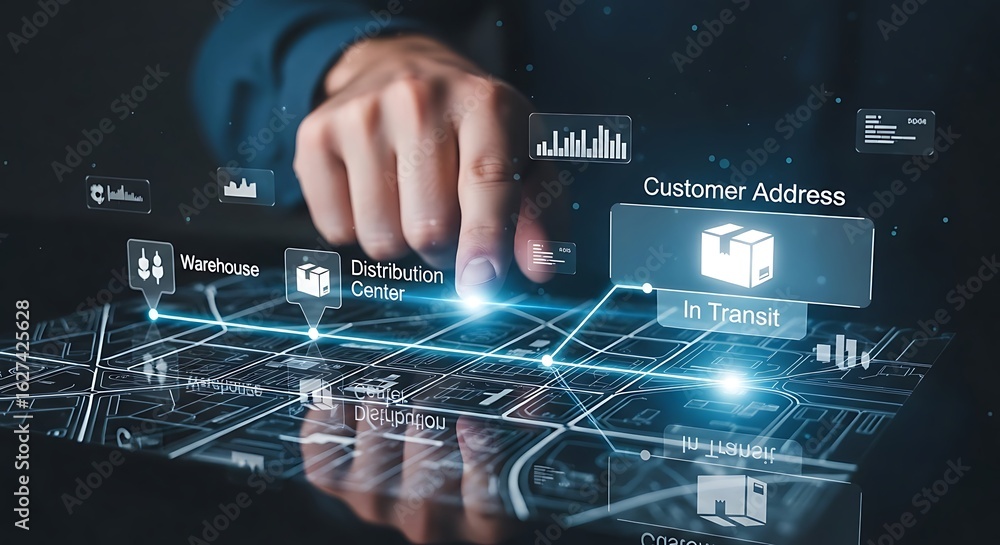 Poster a hand interacts with a digital interface displaying a package delivery route with warehouse and dis