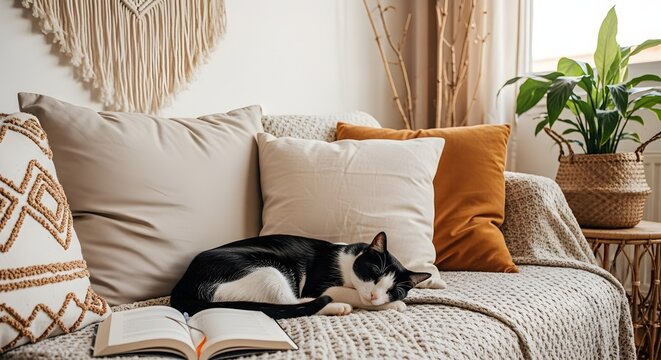 A black and white cat is sleeping on a sofa with pillows and a book in a cozy home interior, creating a relaxing and comfortable atmosphere