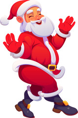 Cartoon Christmas Santa character dancing with big smile and open arms, captures the excitement of Xmas holiday. Vector joyful Santa Claus in a traditional red attire, exudes festive celebration cheer