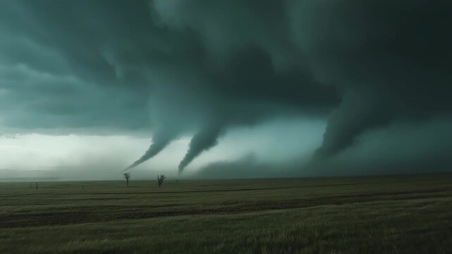 Multiple powerful tornadoes twist across a vast grass field under ominous black storm clouds