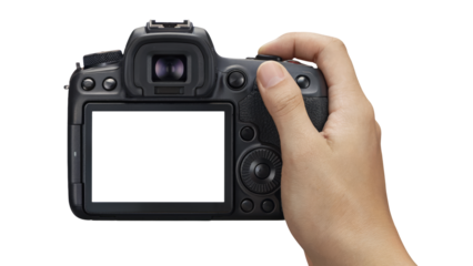 Capturing moments with a modern digital camera, finger poised on the shutter button, ready to shoot isolated on transparent background