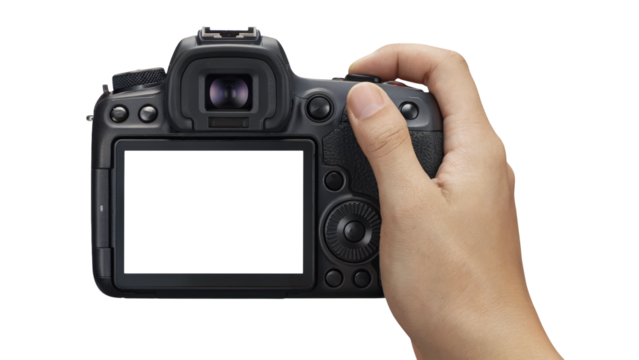 Capturing moments with a modern digital camera, finger poised on the shutter button, ready to shoot isolated on transparent background