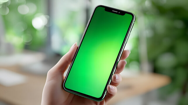 Female Hand Holding Modern Smartphone with Green Screen Mockup for Digital Content Display