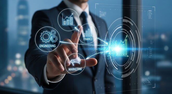 Businessman interacting with a holographic interface displaying business concepts like marketing and finance.