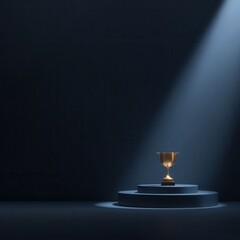 Golden trophy on dark pedestal, spotlight