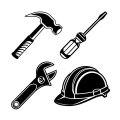 Collection of black and white silhouette icons representing essential tools and safety gear for construction and repair work