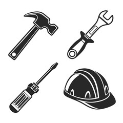 Collection of four black and white vector illustrations of construction and repair tools including a hammer wrench screwdriver and hard hat