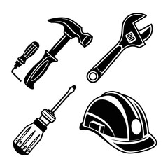 Collection of essential construction and repair tools including a hammer adjustable wrench screwdrivers and hard hat