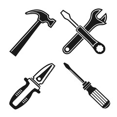 Collection of four black and white silhouette icons representing common hand tools for diy and construction projects