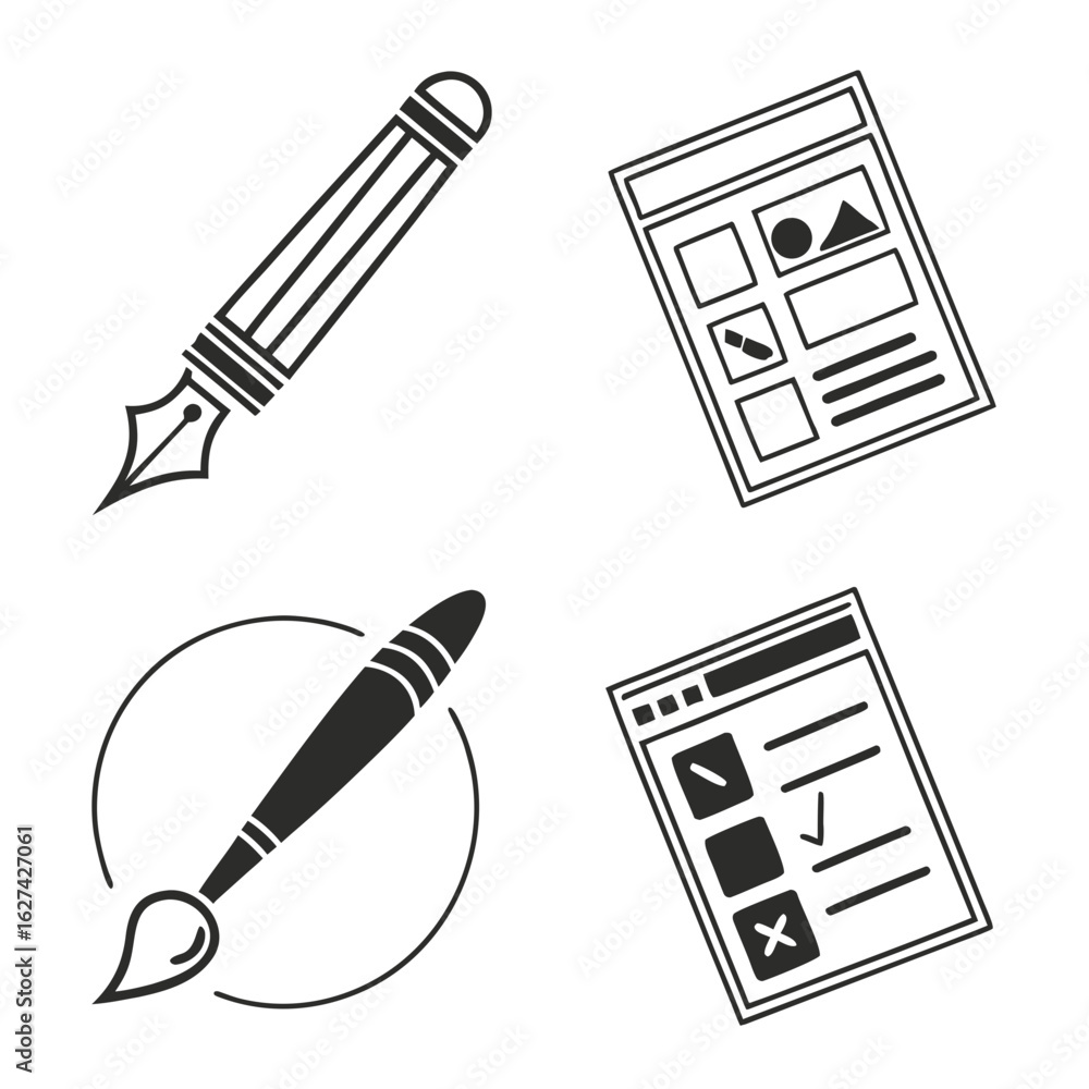 Wall mural set of four flat design icons representing creative tools and digital interfaces for graphic design 