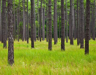Serene woodland vista: Tall trees stand amidst vibrant green grass, creating a peaceful forest