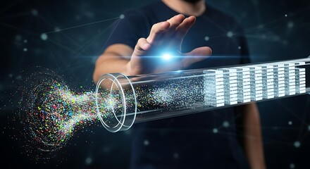 A person interacts with a futuristic, transparent tube containing colorful particles and data.