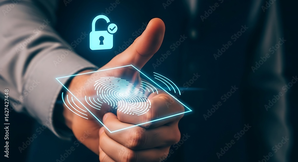 Poster a hand giving a thumbs up with a digital fingerprint scan and unlocked padlock symbol overlaid.