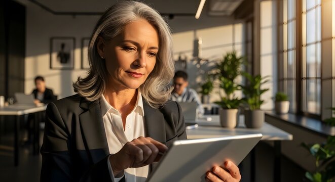 Mature businesswoman using a digital tablet at her office near a window with sunlight. She wears a black blazer and white shirt. The background features blurred office workers.