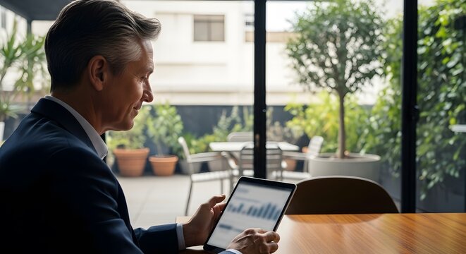 Mature man in dark suit reviews digital tablet outdoors near patio with modern building backdrop. He focuses intently on screen data analytics.