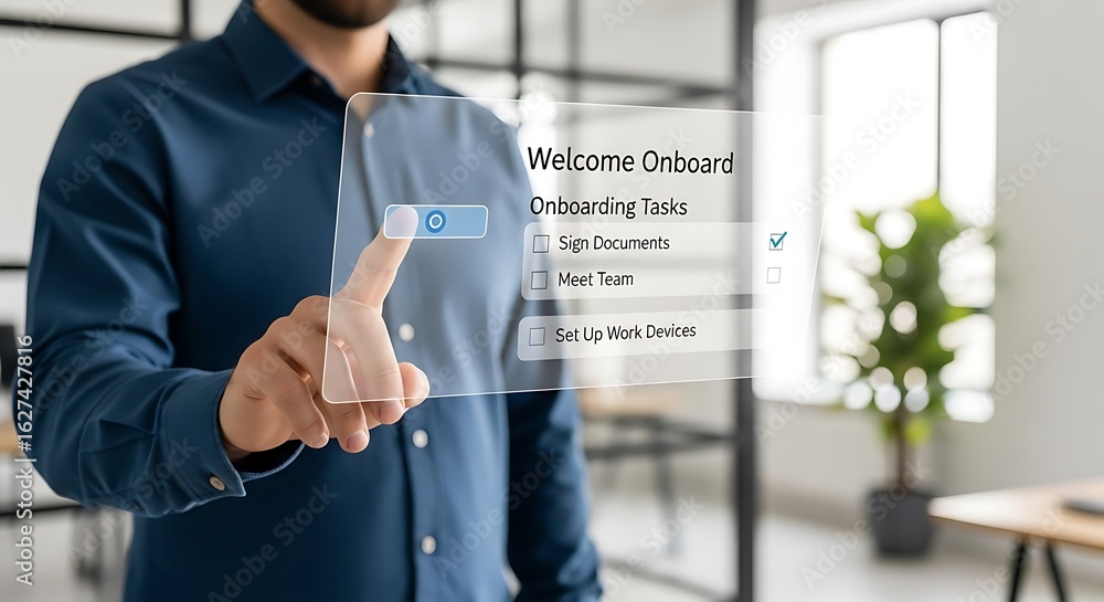 Aufkleber a person interacting with a digital onboarding interface, selecting a task.