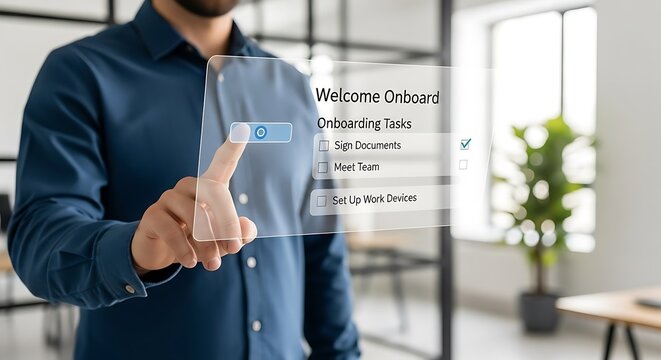 A person interacting with a digital onboarding interface, selecting a task.