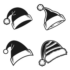 Collection of four stylized black and white christmas santa hats with pom poms and trim