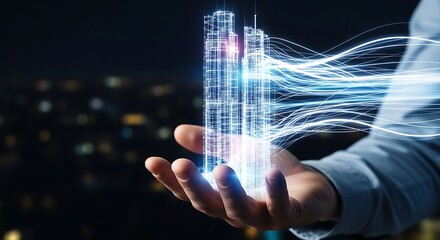 A person's hand holds a holographic architectural model of a city skyscraper, illuminated by glowing energy lines, against a blurred background of a night cityscape.
