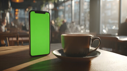 Modern Mobile Phone with Green Screen and Coffee Cup in a Warm Cafe Setting