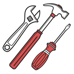 A simple illustration of a wrench a hammer and a screwdriver with red handles on a white background