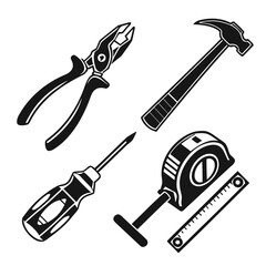 Collection of essential hand tools including pliers hammer screwdriver and measuring tape presented in a clean silhouette style