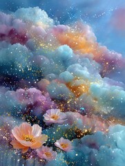 Dreamlike clouds, flowers, and glittering particles